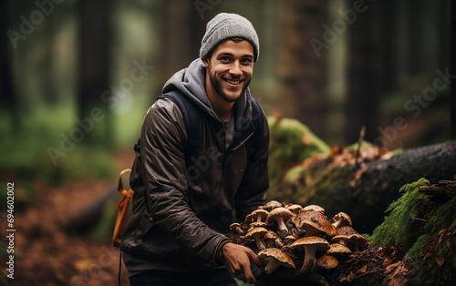 Fair-skinned man picking mushrooms in the forest. Leisure outside the home. Outdoors.