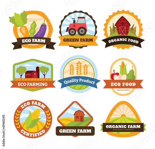 Organic Farm Fresh Label Set Collection,  Eco Green Farm Badge, Farm Fresh Logo Farmhouse logo or badge with fields of crops and banner. Organic, ecology and bio natural design quality label