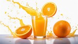 Orange fruit slice and juice glass with splash and drops flying falling isolated on white background