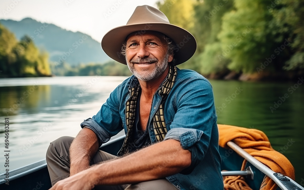Cute 60 year old fair-skinned man in bright casual clothes with a hat sits in a boat in the middle of the river. 