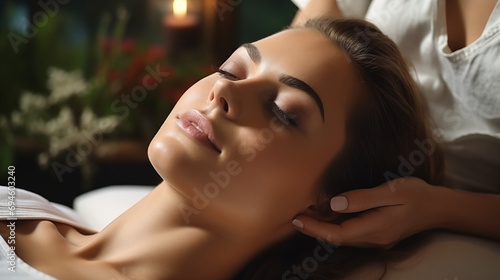 Woman  hands or head massage in spa for zen resting  sleeping wellness or relaxing physical therapy. Calm  eyes closed or girl in salon to exfoliate for facial healing treatment  beauty or detox..