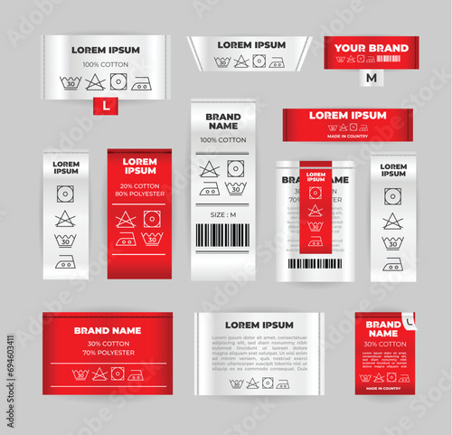 Set of different laundry label collection with care symbols and washing instructions, Label tag wash laundry cloth Laundry care tags with washing, drying, bleaching, ironing and cleaning information.