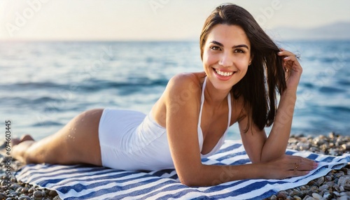 Portrait of smiling modern woman in white swimwear on the seacoast lying on a striped towel. (