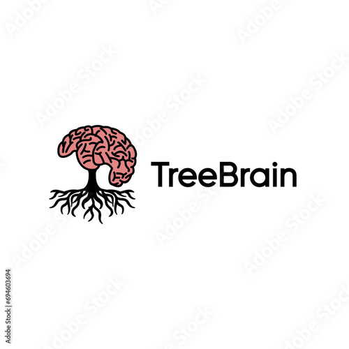 An abstract Logo Design depiction of a tree with roots shaped like a brain, representing growth, rootedness, and intellectual development. photo