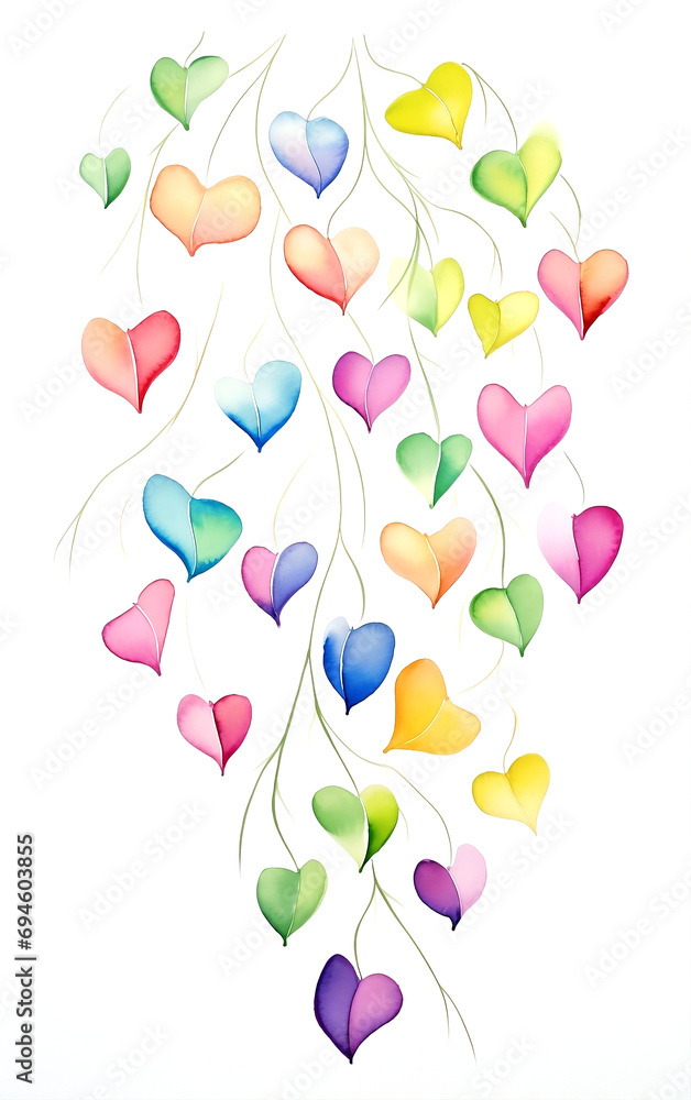 Watercolor plant with colored heart shape leaves. Valentines day