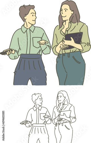 2 woman talk and facing each other holding device