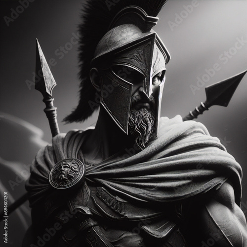 spartan warrior in armor with shield and sword, antique Greek military, muscular ancient soldier, realistic