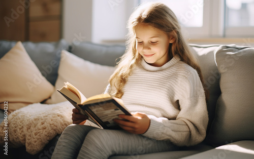 Fair-skinned girl in a warm bright sweater reads a book while sitting on the sofa. Beautiful photo of a teenage female with a book.