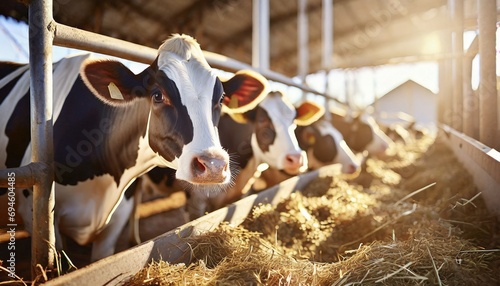 Meat and milk and livestock industry, text space. Cows eating hay in cowshed on dairy farm with sunlight in barn. photo