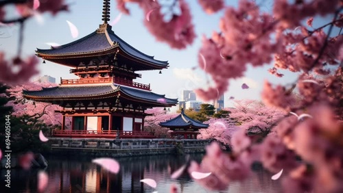 Spring landscape with cherry blossom trees and chureito pagoda in the background. seamless looping time-lapse virtual video animation background. Generated AI photo