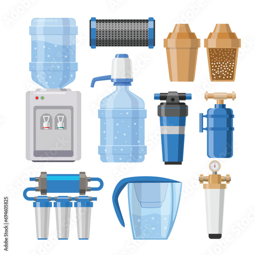 Water filter set collection, filtering clean drink in bottle and filtered or purified liquid, Aqua purification system tanks and pipes for filtration and water treatment, mineral purification.