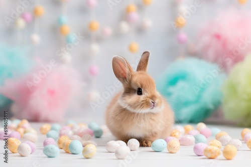 cute bunny sitting on a table with little colourful eggs easter background © Elena