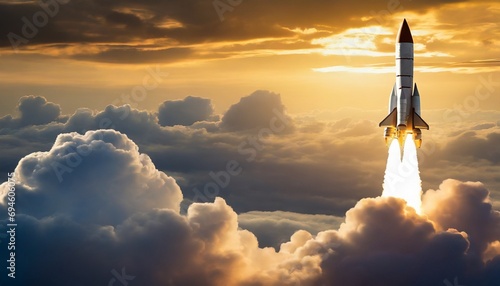 Rocket flies through the clouds at sunset photo