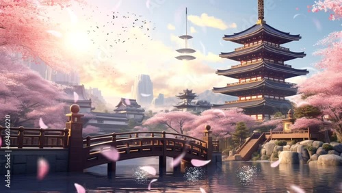 Spring landscape with cherry blossom trees and chureito pagoda in the background. seamless looping time-lapse virtual video animation background. Generated AI