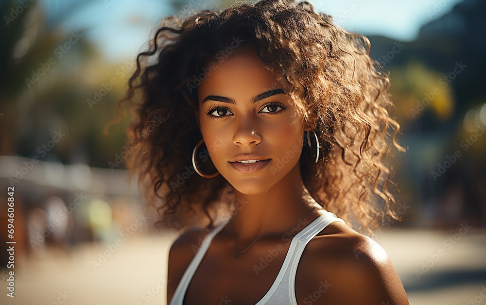 Beauty portrait of an African American woman with a tennis court in the background. Beautiful afro girl. Curly black hair. Beauty portrait of an African American woman with a tennis court in the background. Beautiful afro girl. Curly black hair.