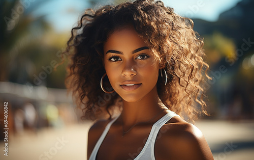 Beauty portrait of an African American woman with a tennis court in the background. Beautiful afro girl. Curly black hair.