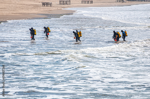 Tableau sur toile Ten tactical divers, frogmen, enter the sea from the beach