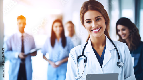 Happy smiling female doctor with a stethoscope. Doctor on the blurred background of medical personnel. Healthcare workers in the hospital. Hospital staff. AI-generated