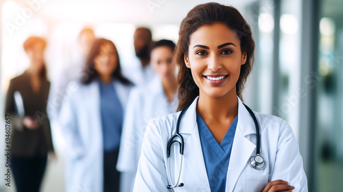 Happy smiling female doctor with a stethoscope. Doctor on the blurred background of medical personnel. Healthcare workers in the hospital. Hospital staff. AI-generated photo