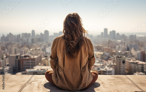 Back view shot a young brunette girl in a light jacket sits on the roof of a high-rise building overlooking the city. 