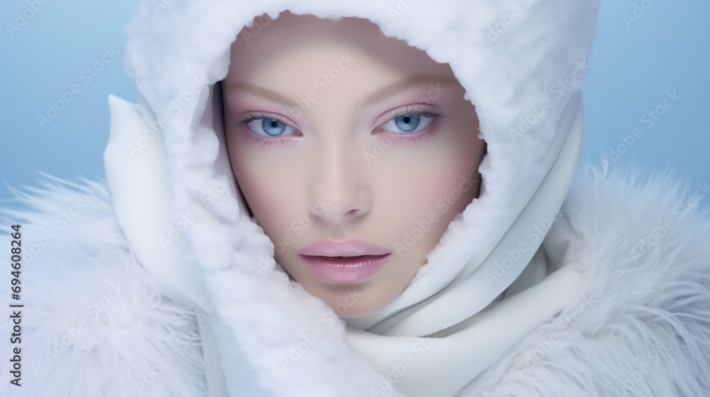 Obraz premium Winter Beauty Portrait: Ethereal Woman with Snow-White Aesthetics. Generative ai