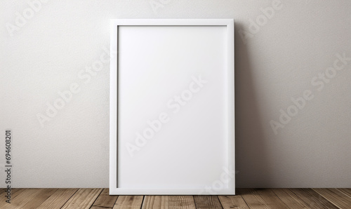 cadre vierge avec bordures blanches posé sur un meuble en bois - mockup photo