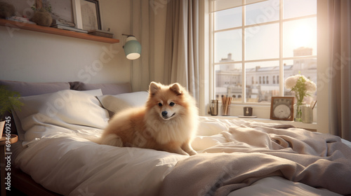 Serene bedroom scene featuring an inviting bed, complemented by a charming furry companion
