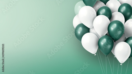 grüne und weiße Ballons mit Platz für Text. Querformat 16:9. Generative Ai.