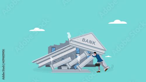 banking collapse concept illustration, financial crisis, ruined bank concept, bankruptcy, frustrated businessman look at collapsing bank building concept modern vector illustration in flat style photo