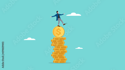 financial stability and money management concept vector illustration, economic balance concept, businessman balance on unstable coins stack concept modern flat design style