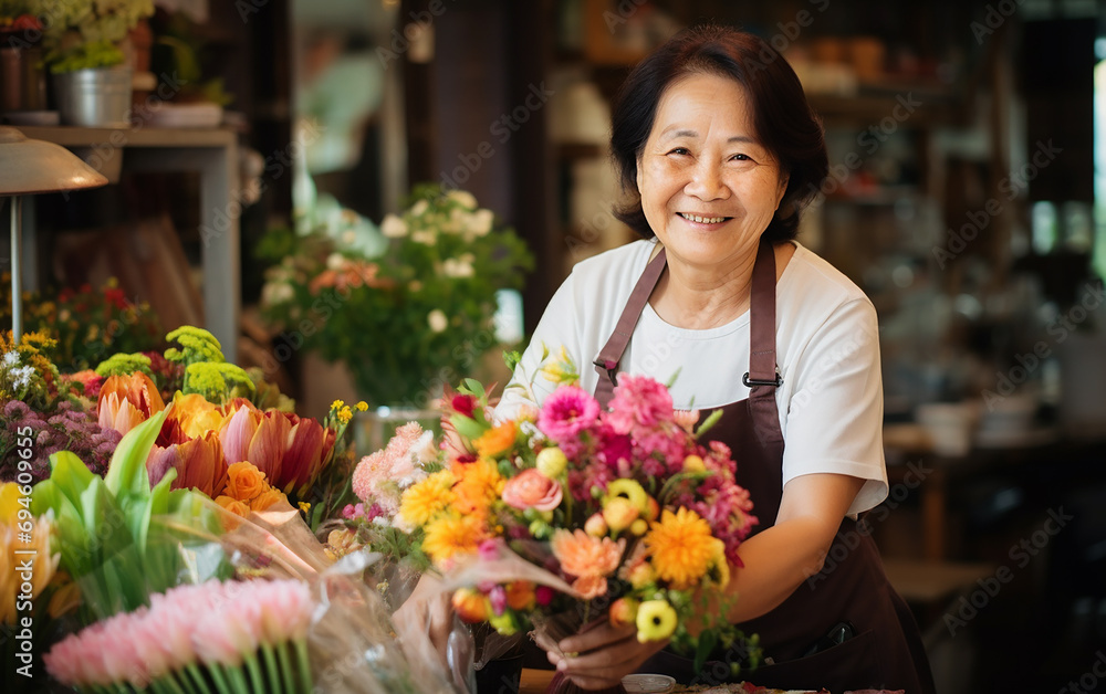 Picture of beautiful old asian lady florist while working.