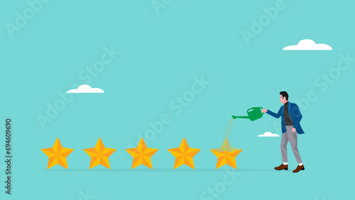five star rating illustration with concept of businessman puts a star to give five star rating, business people placing 5 stars rating flat with flat style, client holding review stars concept photo