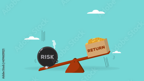high risk high return business investment concept illustration, investor risk appetite in securities and investment asset to get high reward, The weight on seesaw creates a box of dollar prize money