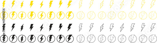 Set of Flat Lightning ,electric power vectors designs elements editable stock. Energy and thunder electricity symbols concept. Flash bolt signs in circle. Flash emblem on transparent background.