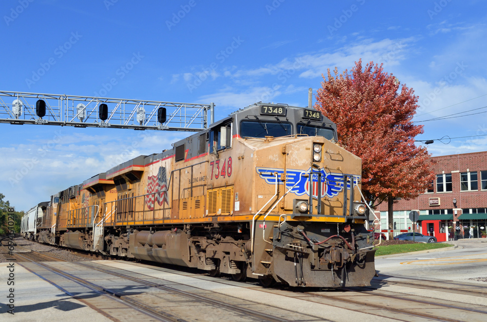 Multiple locomotives lead a Union Pacific Railroad freight train ...