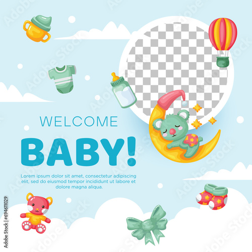 Template hand drawn baby announcement background with photo