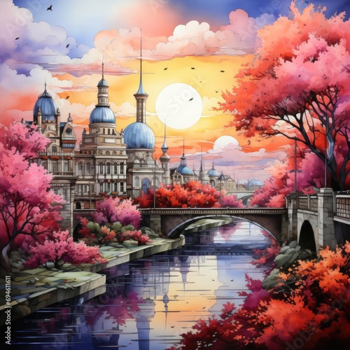 City of Colors: A Watercolor Painting of a Modern Urban Landscape