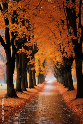 Tranquil forest road with orange leaves  treelined path  morning sunlight.