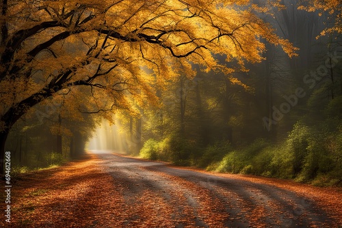 Tranquil forest road with orange leaves, treelined path, morning sunlight. photo
