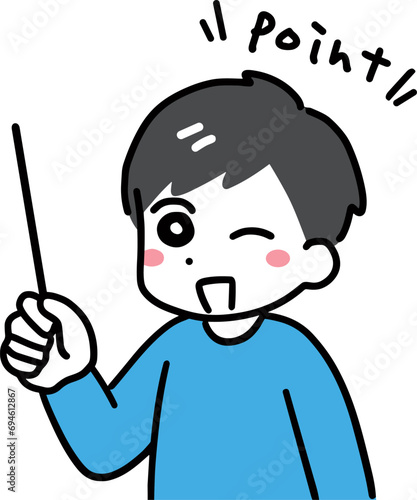 棒を使って説明している笑顔の男性
