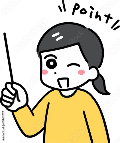 棒を使って説明している笑顔の女性