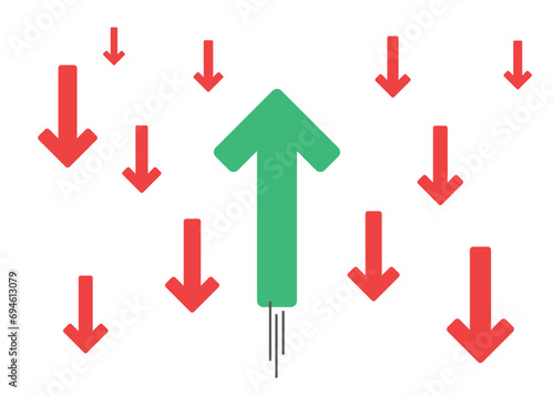 one large rising arrow among the descending arrows represents optimistic opportunity business grow in economic recession crisis condition financial survive