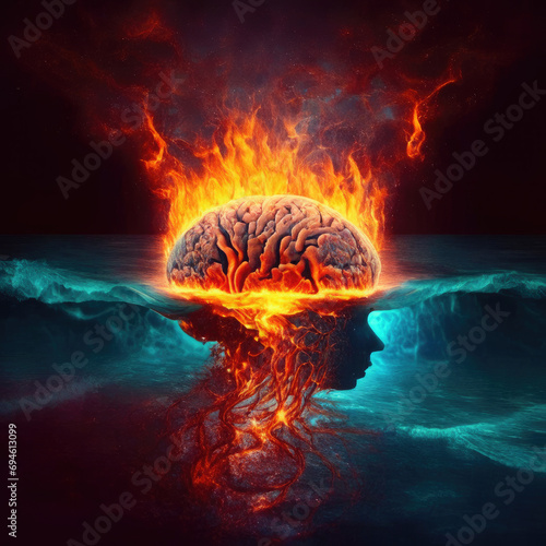 The brain is drowning in water and the fire is burning in it. Mind depression problem Mind concept images
