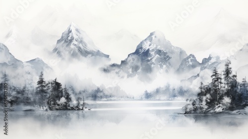 高い山とフィヨルドの沿岸が描かれた水墨画風の風景