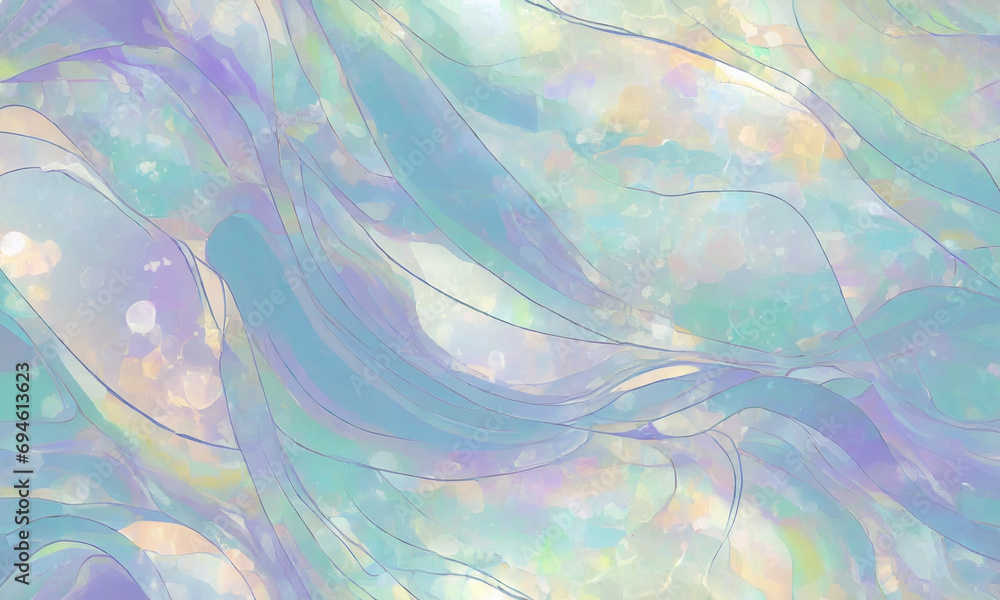 表面全体が、海の波のような柔らかな動きと流れを持つ、虹色の有機的な形を、淡いブルーを基調としたパステルカラーで塗り重ねてある.ファンタジー風の背