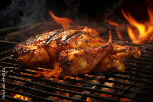 Chicken grilling on grill on a hot
