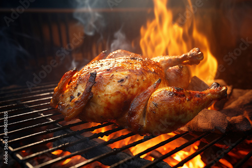 Chicken grilling on grill on a hot