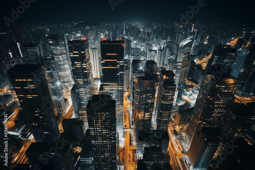 Aerial view of megapolis at night. Drone view, skyscrapers, urban architecture. Cityscape at nighttime. Downtown view of big city. photo