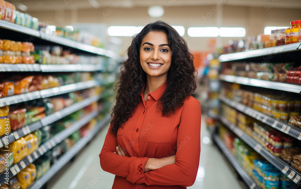 Cute hindu sales girl standing in a grocery store. Beautiful indian lady standing in a grocery store. 