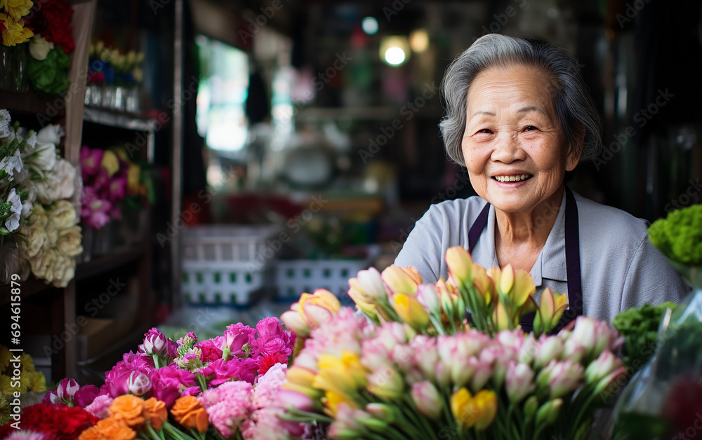 Picture of beautiful old asian lady florist while working.